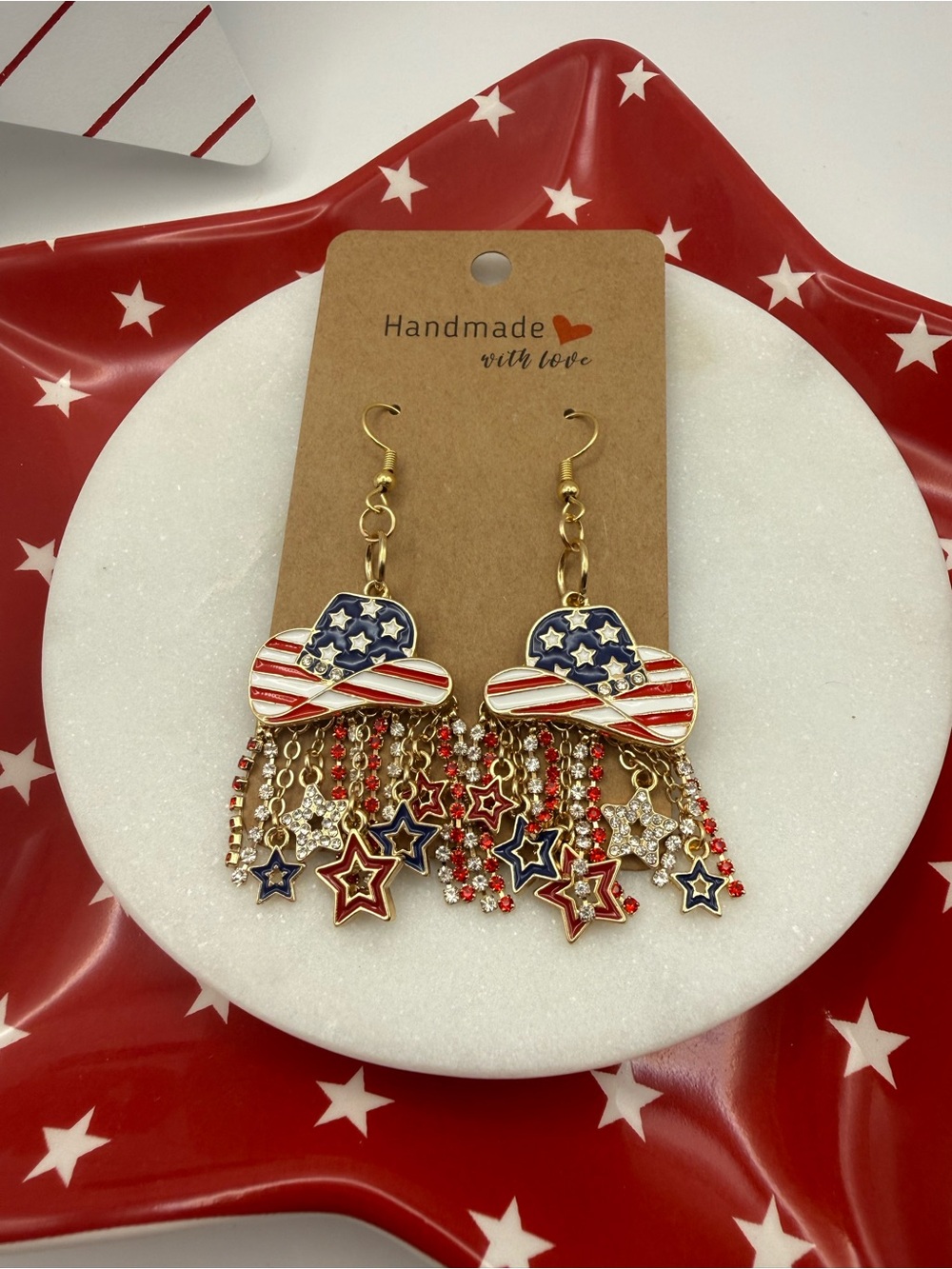 Patriotic American Flag Cowboy Hat Rhinestone Earrings